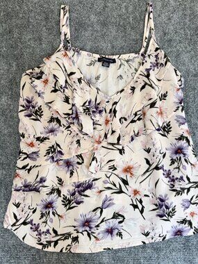 American Eagle Floral Ruffle Tank M Cream Ivory Boho Cami Flowy Romantic Viscose